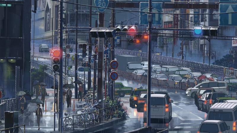 Japan, street, traffic, 1080P, detailed, cityscape, Makoto Shinkai, rain, The Garden of Words