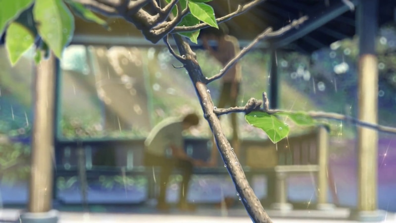 green, leaf, animals in the wild, green color, leafed, The Garden of Words, metal, animal, growth, Makoto Shinkai, focus on foreground, outdoors, plant