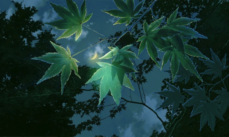 tranquility, green color, growth, leaves, leaf, day, low angle view, sunlight, blue, beauty in nature, Makoto Shinkai, vulnerability, The Garden of Words
