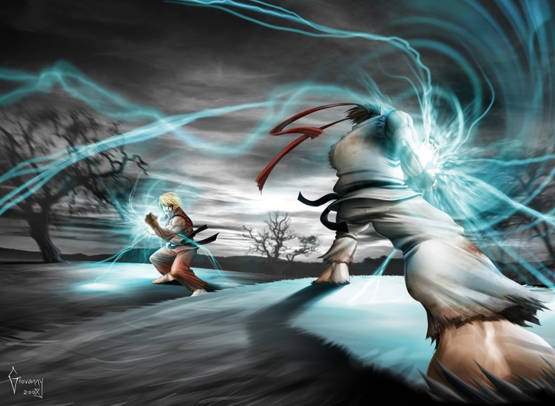 fighter, street fighter ryu vs ken, digital composite, digital, vs, ryu vs ken, dancing, 720P, motion, lifestyles, mid-air, ryu, ken, street