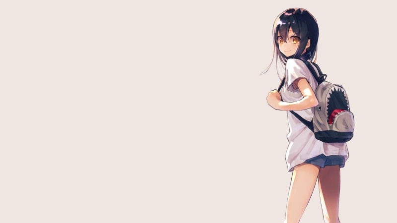 backpacks, manga, anime, minimalism, 1080P, backpack, shorts, schoolgirl, simple background, dark hair, anime girls