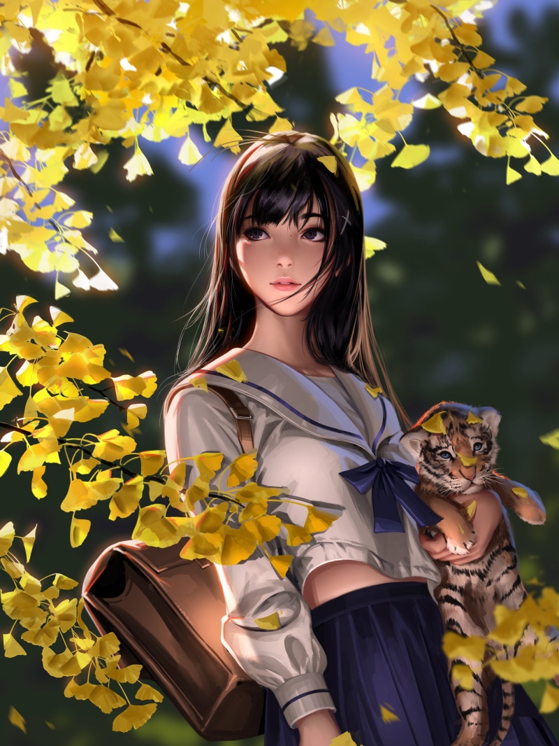 Liang-Xing, tiger, sailor uniform, 2K, backpacks, portrait display, school uniform, drawing, Liang Xing, fall, branch, brunette, artwork, illustration