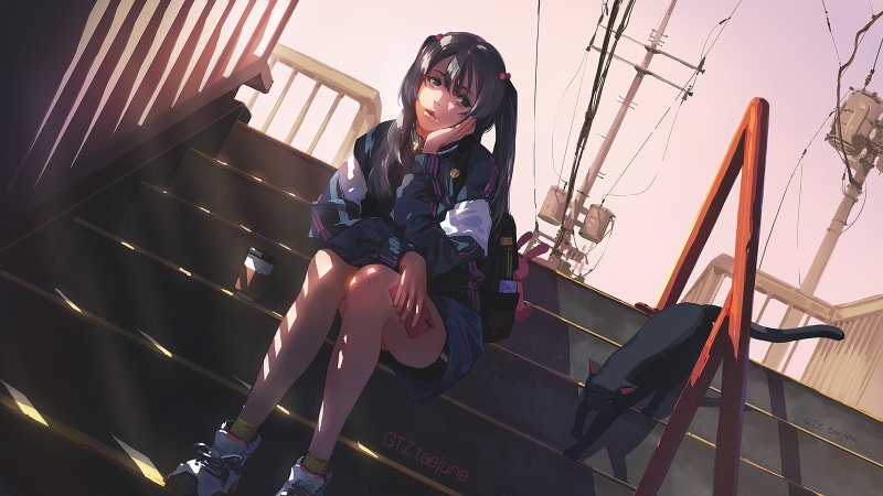 looking away, hand on face, illustration, cats, anime, 720P, portrait, pigtails, Taejune Kim, stairs, drawing, sneakers, bangs, sky, touching face, long hair