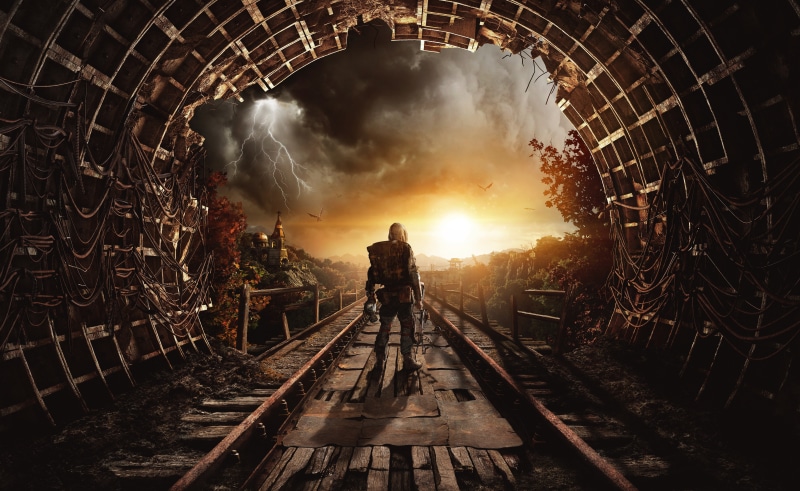 rails, art, Metro Exodus, metro, Church, Stalker, road, lightning, 5K, clouds