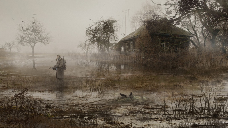 outdoors, plant, water, Video Game Art, forest, day, animals in the wild, animal, tranquility, 1080P, fog, nature, animal wildlife, architecture, reflection
