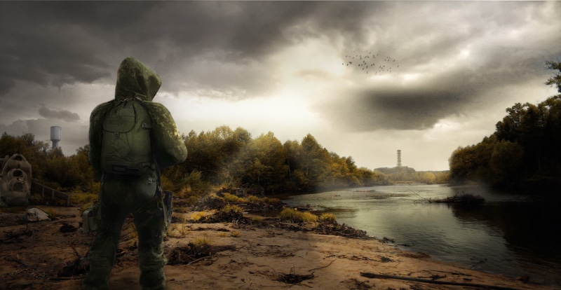 land, one Person, autumn, green, s, water, fog, tree, fan art, storm, river, Stalker, men, hooded, outdoors, beauty in nature, sunset, jacket, tourist