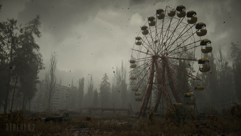 Stalker, Trees, Clouds, Chernobyl, GSC Game World, S. T. A. L. K. E. R., Stalker 2, Screenshot, Ferris Wheel, Fog, Logo, Pripyat, The building, S. T. A. L. K. E. R. 2