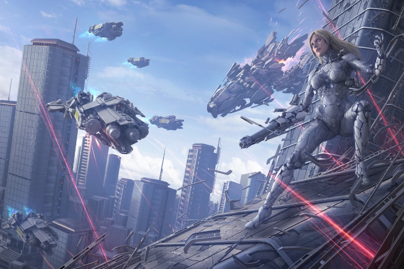 blonde, fantasy art, women, sky, destruction, fantasy girl, Tek Tan, digital art, science fiction, 5K, concept art, illustration, battle, artwork, building