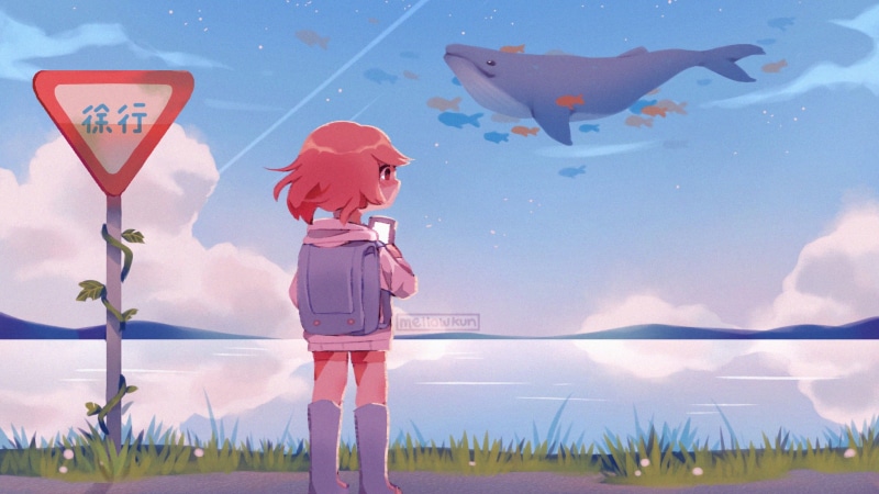flying, drawing, concept art, sky, fantasy art, fantasy girl, anime girls, fish, reflection, animals, women, nature, anime sky, character design, fictional character