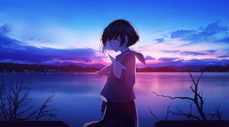 artwork, sunset, women, lake, paper planes, clouds, smiling, digital art, 2D, sky, drawing, birds, branch, anime girls, schoolgirl, original characters