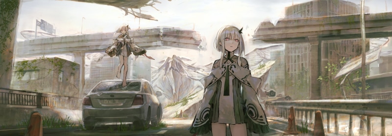 artwork, twins, city, anime girls, dress, original characters, digital art, bridge, white hair, science fiction, car, apocalyptic, destruction, fantasy art
