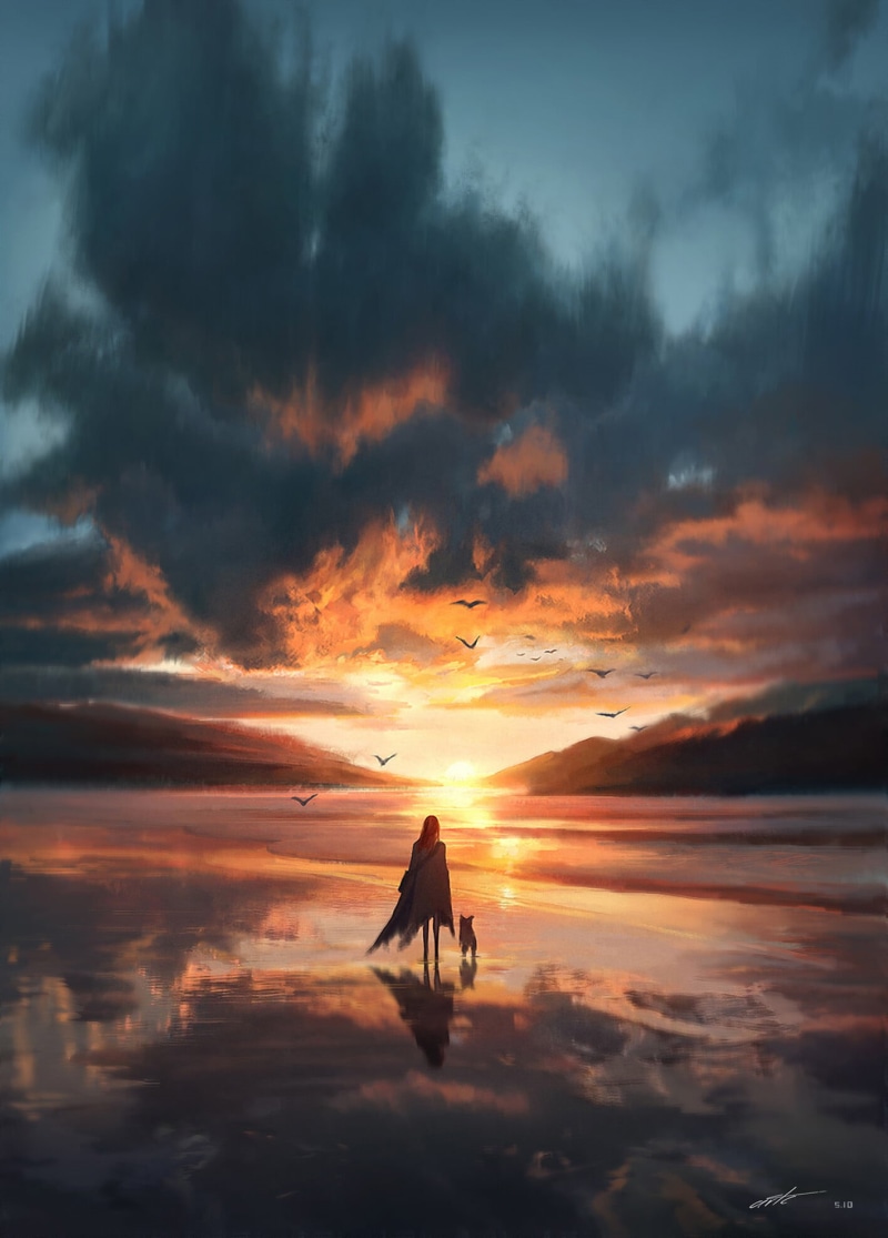 artwork, dog, bottles, sky, portrait display, clouds, 1080P, sunset, birds, digital art, landscape