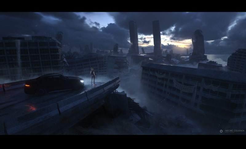 ArtStation, artwork, ruins, cityscape, dark, digital art, science fiction, Antoine Collignon, sky, car, women, 1080P, science fiction women, apocalyptic