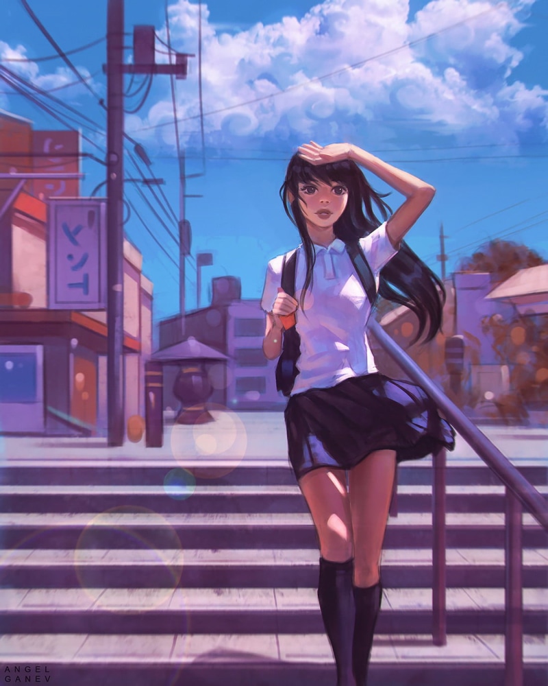 stairs, black hair, urban, digital art, illustration, Angel Ganev, socks, long hair, clouds, artwork, digital painting, sky, looking away, walking, schoolgirl