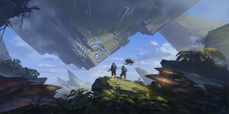 landscape, Pengzhen Zhang, artwork, futuristic, soldiers, sky, clouds, fantasy art, 5K, spaceship, fantasy, sci-fi, digital art, science fiction, rifle