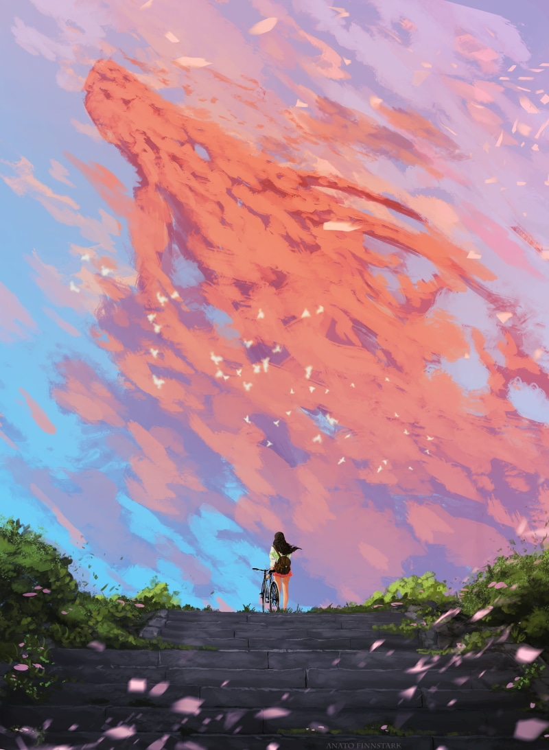backpacks, bicycle, black hair, petals, fantasy art, 2K, drawing, artwork, sky, birds, digital painting, digital art, illustration, vertical, stairs, women