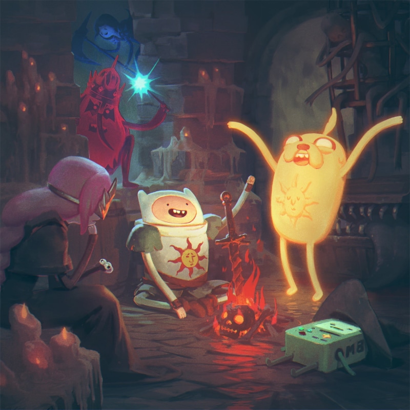 Princess Bubblegum, Ice King, BMO, Finn The Human, Dark Souls, artwork, 1080P, Adventure Time, Jake The Dog