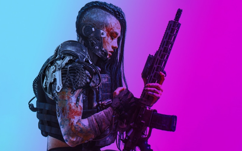 1080P, Sci Fi, Tattoo, Woman Warrior, Assault Rifle, Girl, Weapon, Black Hair, Cyberpunk, Women Warrior