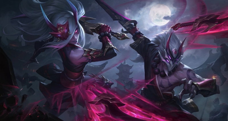 mask, red clothing, spell, Blood moon, women, Xiao Guang Sun, Master Yi, League of Legends, Moon, clouds, Katarina, fighting, glowing eyes, blades, sword