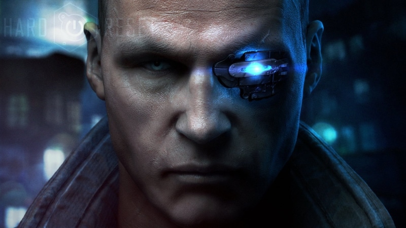Hard Reset, men, cyberpunk, prosthesis, portrait, glowing, 1080P, night, jacket