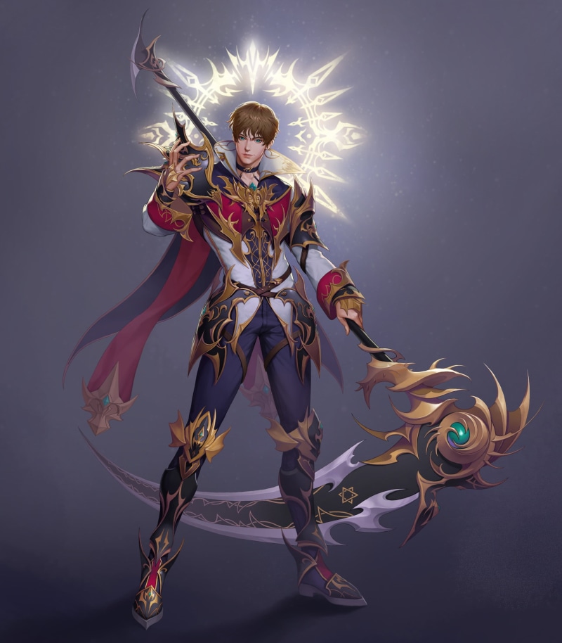 men, spell, gold, turquoise eyes, scythe, cape, armor, priest, 1080P, weapon, drawing, glowing