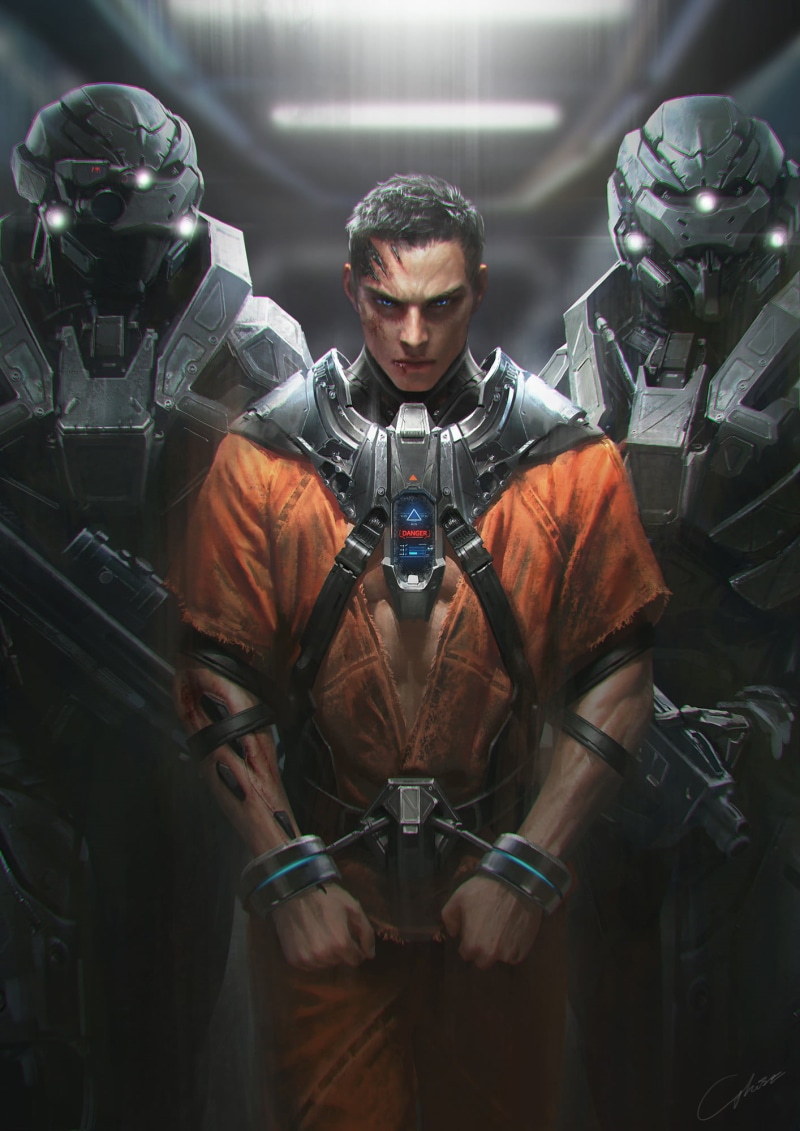 prisoners, soldier, cyberpunk, scars, weapon, prison, blue eyes, chains, gun, short hair, angry, men, frown, drawing, handcuffed, 1080P