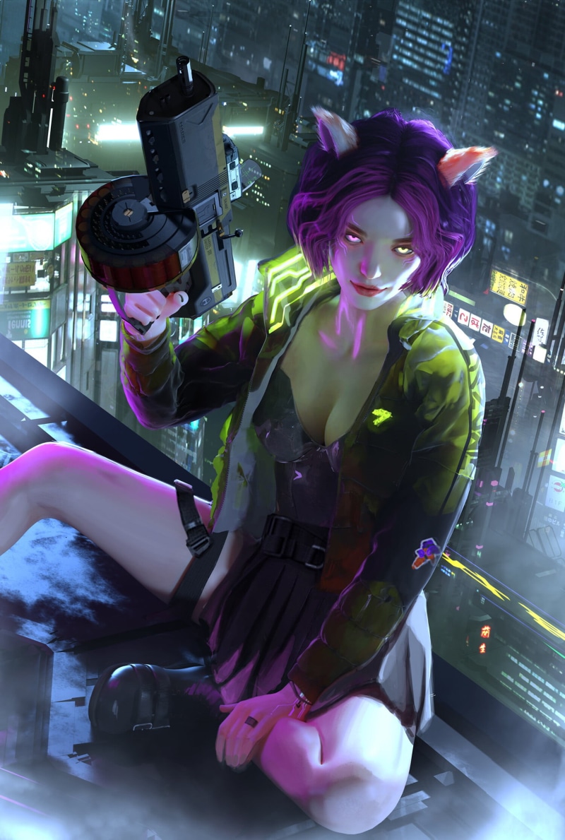 gun, open jacket, lights, looking at viewer, futuristic, short hair, cyborg, rooftops, sitting, Cyberpunk 2077, young woman, ArtStation, violet hair, digital art