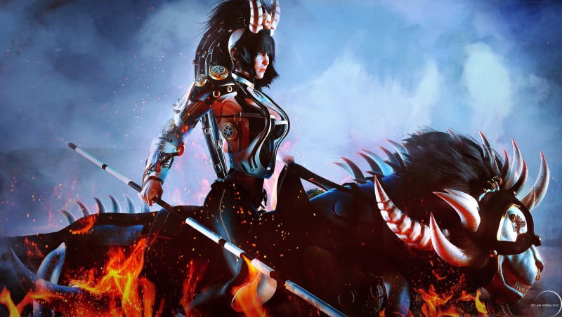 skull, long hair, cyberpunk, looking away, weapon, blue eyes, sparks, 1080P, horns, fire, staff, cyborg, women, prosthesis, CGI, animals, dark hair, Dylan Kowalski