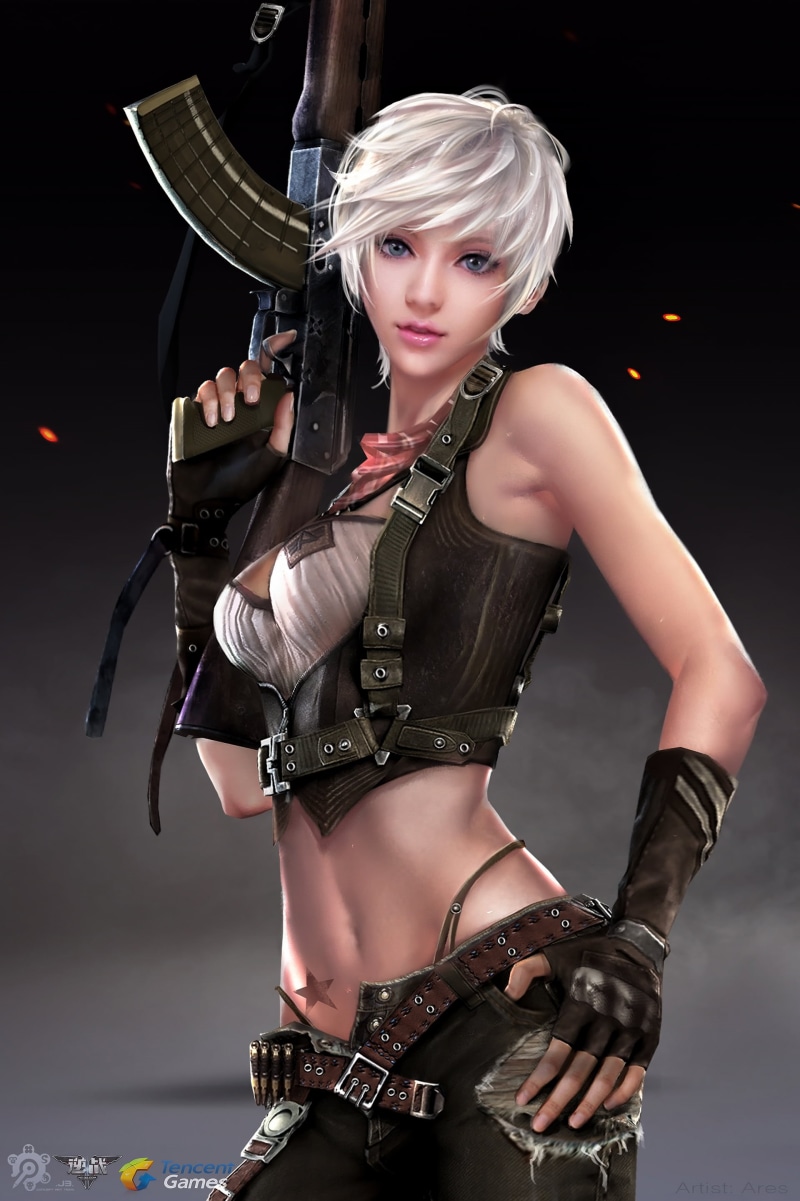 simple background, gloves, short hair, blue eyes, silver hair, 2K, belt, pants, tattoo, bullet, sparks, assault rifle, weapon, makeup, army gear, lipstick