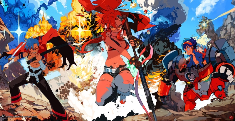 Smile, Blue Hair, Glasses, Yoko Littner, Nia Teppelin, Sword, Tengen Toppa Gurren Lagann, Cloud, Two-Toned Hair, Tattoo, Bandage, Katana, Belt, Yellow Eyes