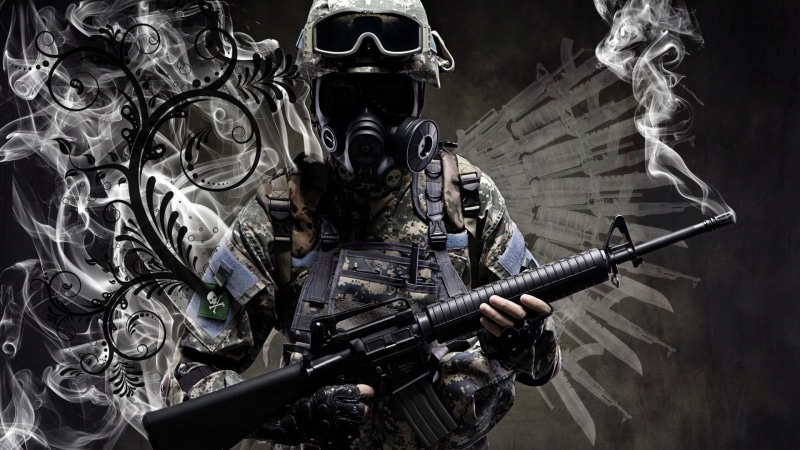 protective workwear, gun, weapon, machine gun, display, people, uniform, security, military uniform, protection, call, indoors, headwear, armed forces