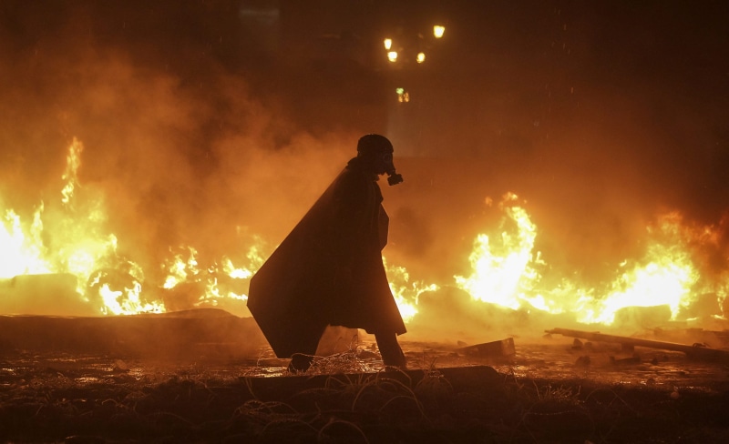accidents and disasters, firefighter, gas masks, wearing, inferno, dark, one person, night, chaos, lights, person, communication, riots, adult, motion