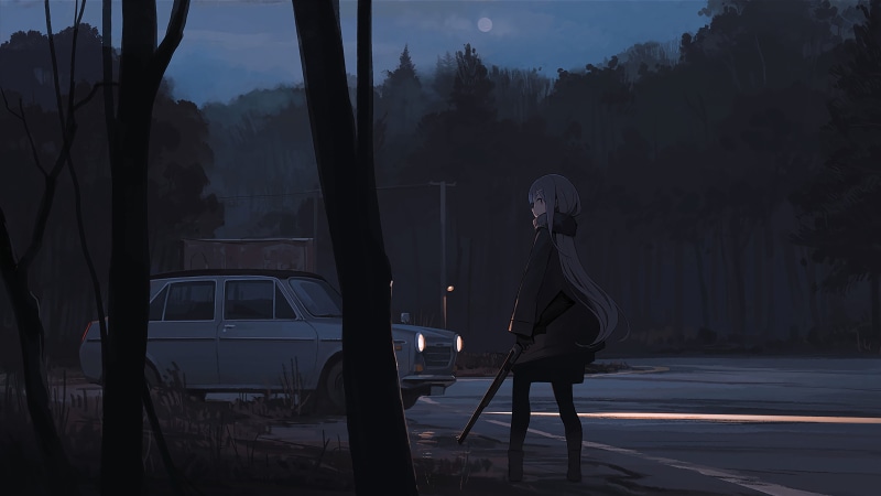 long hair, roadside, white skin, road, 4K, dark background, forest, night, car, anime, anime girls, weapon