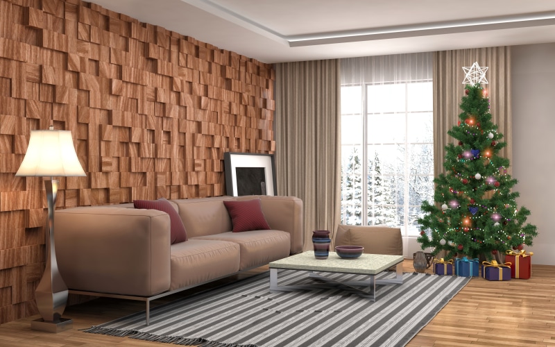 seat, balls, tree, Christmas, toys, interior, sofa, Cup, pillow, floor lamp, carpet, vase, 5K, room, brown, couch, gifts, New year, table, lamp, garland