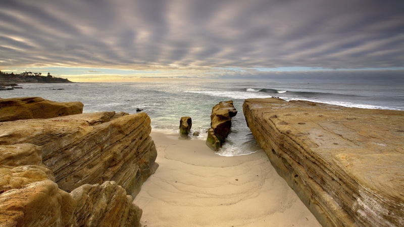 tranquil scene, landscape, USA, near, sunset, sand, solid, rock, coast, San Diego, outdoors, body, clouds, tranquility, white, 1080P, beauty in nature