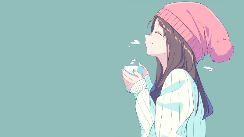 anime girls, profile, brunette, simple background, closed eyes, tea, looking away, holding, men, standing, one person, anime, cup, sky, young adult, blue