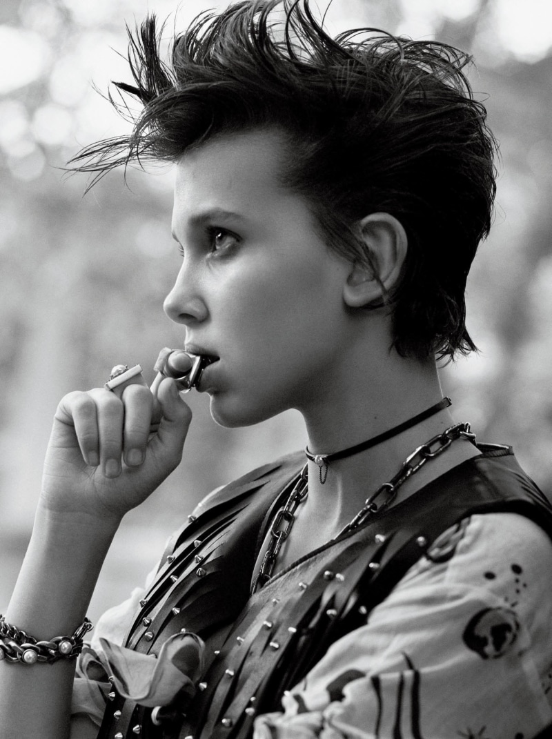actress, Interview magazine, collar, looking into the distance, monochrome, bracelets, Millie Bobby Brown, 1080P, profile, dark hair