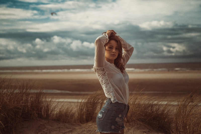 high waisted, young women, 1080P, sky, s, outdoors, young adult, long, women outdoors, long hair, hands in hair, cloud - sky, see-through clothing, grass
