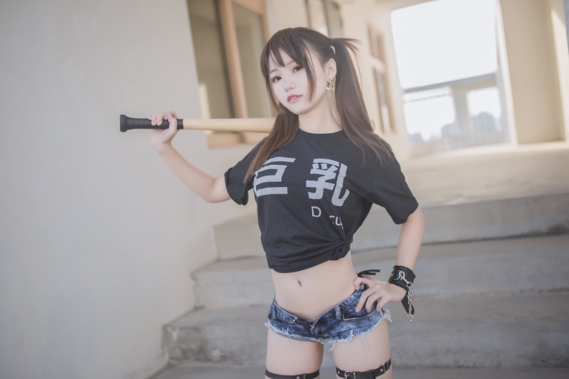 T-shirt, portrait, women, petite, 2K, looking at viewer, pigtails, women outdoors, stairs, Yoko Cos, model, belly, black t-shirt, outdoors, baseball bats