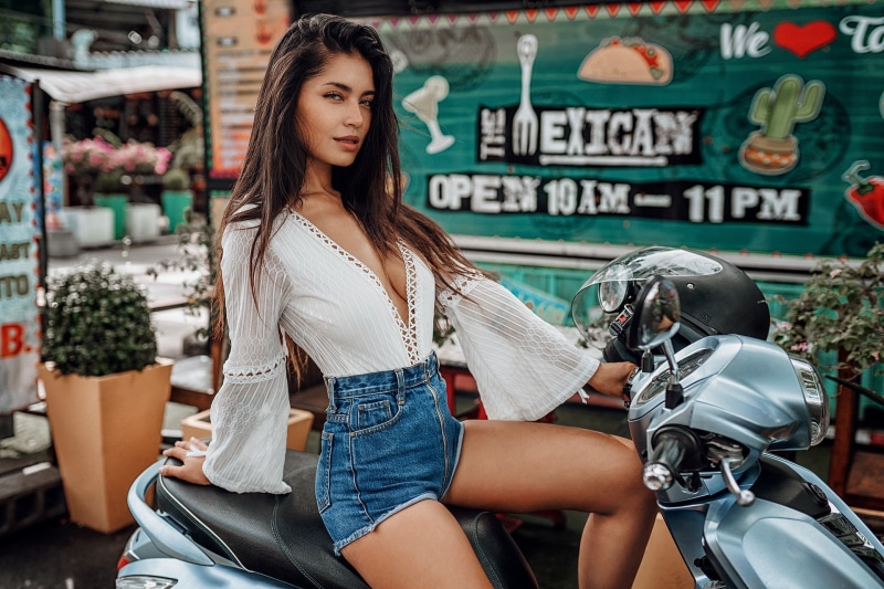 model, Evgeny Freyer, jean shorts, portrait, long hair, high waisted short, white shirt, vehicle, urban, 1080P, women, dark hair, women outdoors