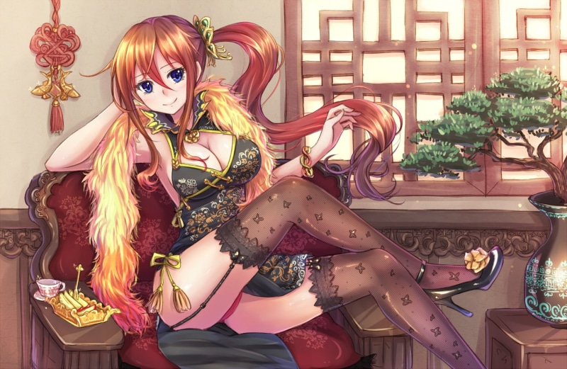 stockings, blue eyes, anime, Chinese dress, Cheongsam, heels, long hair, thigh-highs, open shirt, anime girls, cleavage, redhead, 720P