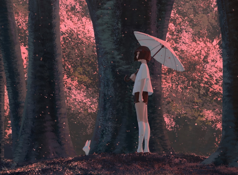 T-shirt, anime, artwork, short hair, illustration, forest, profile, short shorts, looking away, rabbits, umbrella, GUWEIZ, trees, socks, Z.W. Gu, brunette