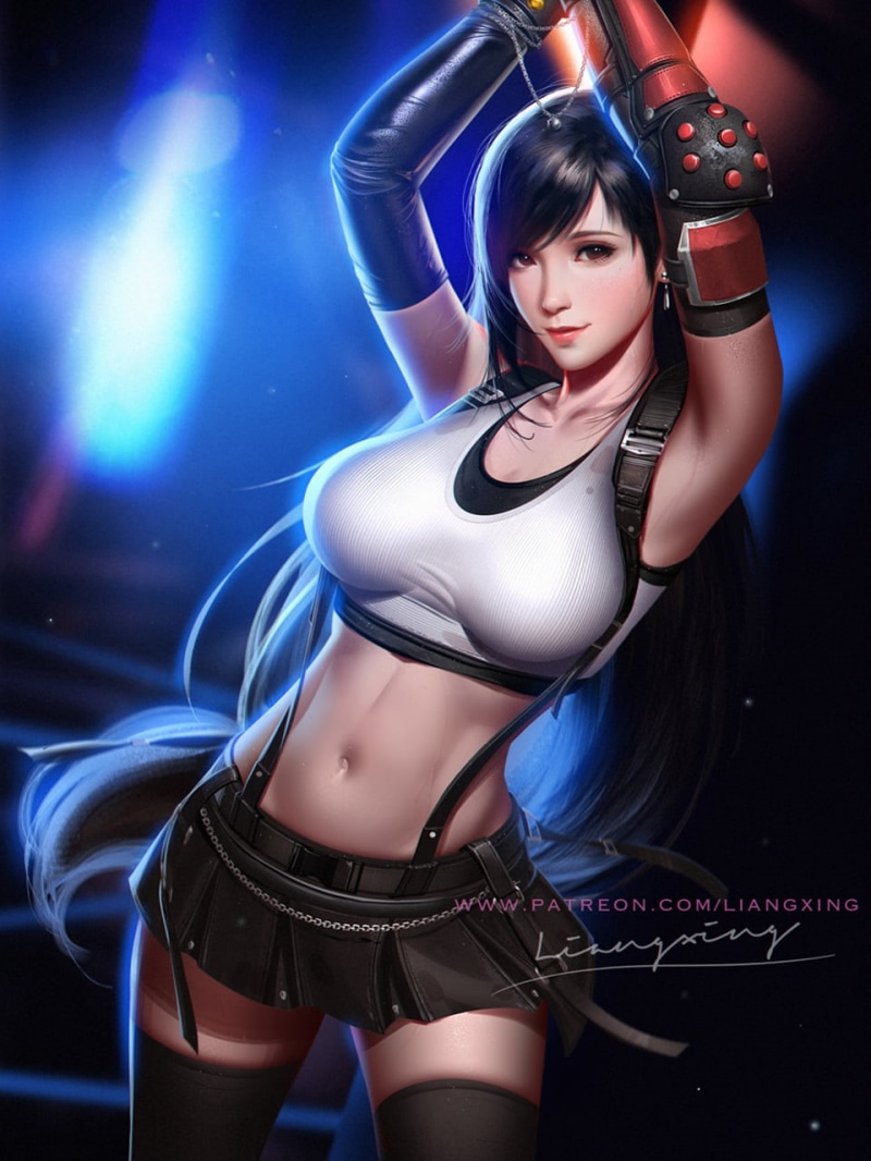 Final Fantasy, suspenders, women, dark hair, blue light, skirt, thigh-highs, Liang-Xing, long hair, 720P, gloves, drawing, Tifa Lockhart, arms up, tank
