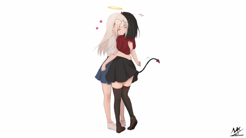 angel, white background, white hair, demon girls, digital art, demon, simple background, 2D, drawing, hugging, MX shimmer, long hair, horns, anime girls