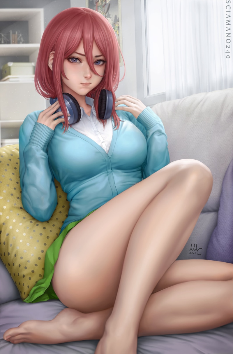 digital art, shirt, thighs, 2K, women, looking at viewer, fantasy girl, anime, anime girls, illustration, feet, drawing, fan art, pink hair, skirt, 5-toubun no Hanayome