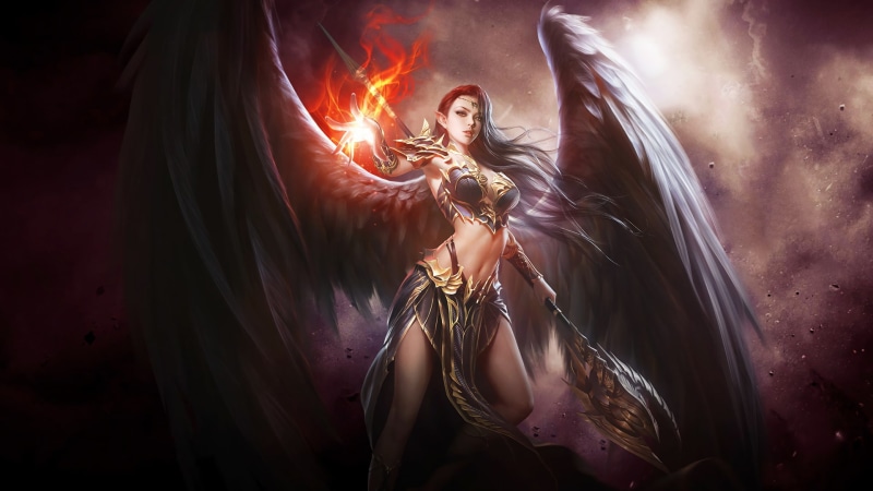 Fantasy, Woman, Wings, Fire, 1080P, Weapon, Dark, Angel Warrior