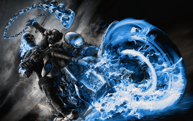 frozen, space, chains, blue, representation, splashing, no people, vehicle, fire, motion, animal representation, indoors, Revenge Spirit, Ghost Rider, high angle view