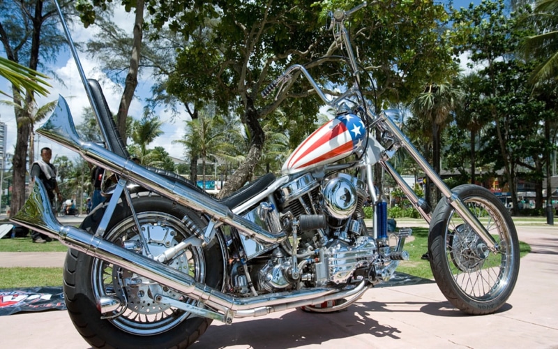 sunlight, stationary, Easy Rider, chopper, flag, day, motorcycle, no people, Harley Davidson, 1080P, patriotism, retro styled, land vehicle, mode of transportation