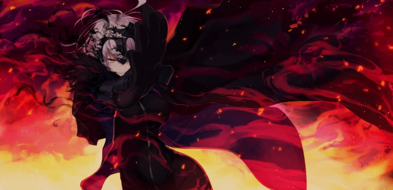 anime girls, Jeanne (Alter) (Fate/Grand Order), Fate/Grand Order, white hair, short hair, 2K, Fate Series, Avenger (Fate/Grand Order), yellow eyes, fire