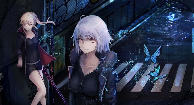 digital composite, waist up, short hair, celebration, anime girls, reflection, mannequin, retail display, women, Artoria Pendragon, people, Saber Alter